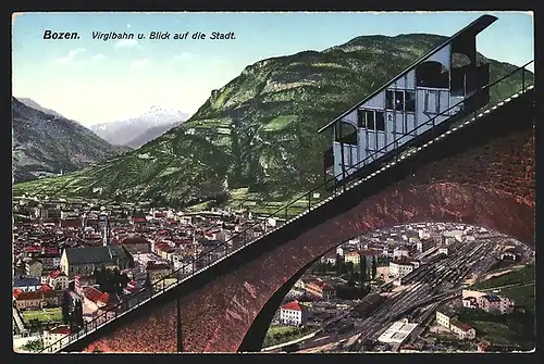 AK Bozen, Virglbahn, Blick auf die Stadt, Bergbahn