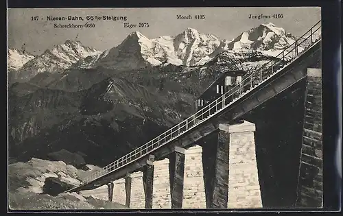 AK Niesenbahn, mit Schreckhorn, Eiger, Mönch und Jungfrau