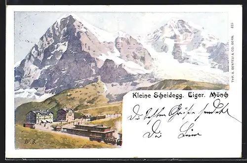 Künstler-AK Bergbahn mit Kleiner Scheidegg, Eiger, Mönch