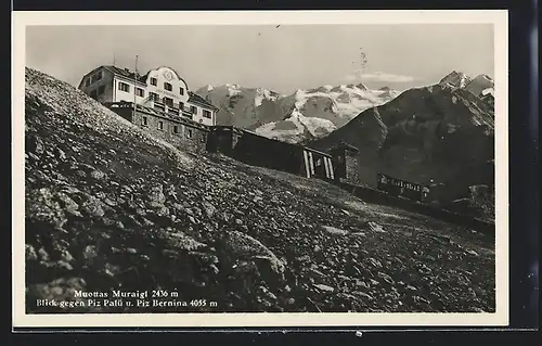 AK Muottas Muraigl, Bergbahn gegen Piz Palü und Piz Bernina