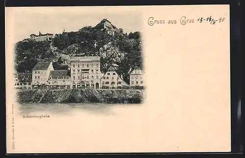 AK Graz, Uferpartie mit Schlossbergbahn