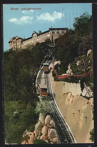 AK Graz, Schlossbergbahn mit Cafe-Restaurant Schlossberg