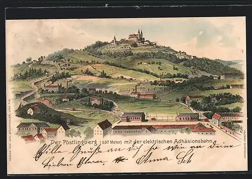 Lithographie Pöstlingberg, Panorama mit der elektrischen Adhäsionsbahn