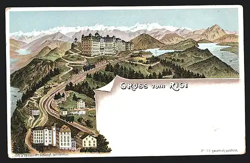 Lithographie Rigi, Panorama mit Bergen