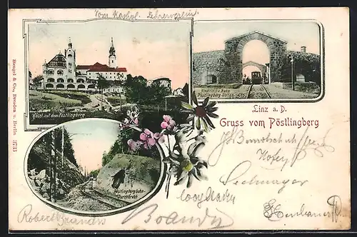 AK Linz a. D., Hôtel auf dem Pöstlingberg, Elektrische Bahn Pörstlingberg Station, Pöstlingbergbahn-Durchbruch