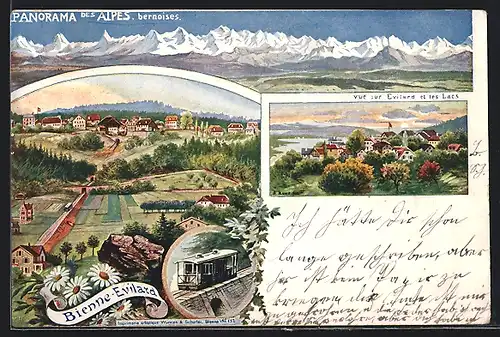 Lithographie Bienne-Evilard, Panorama des Alpes bernoises, Vue sur Evilard et les Lacs, Bergbahn