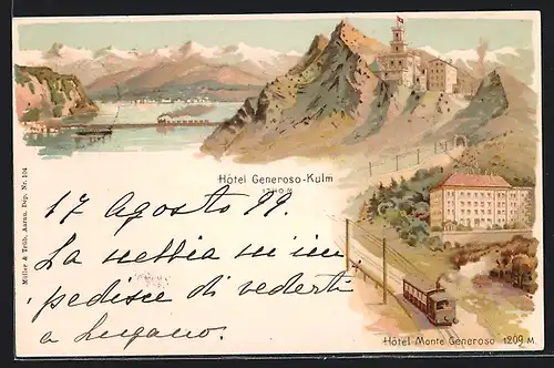 Lithographie Generoso-Kulm, Bergbahn vor dem Hotel Monte Generoso