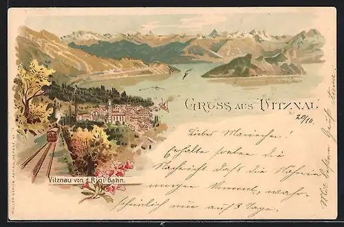 Lithographie Vitznau, Ortsansicht mit Rigi-Bahn
