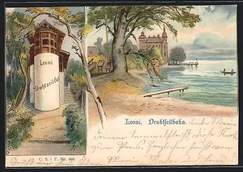 Lithographie Leoni, Drahtseilbahn, Wasserpartie mit Schloss
