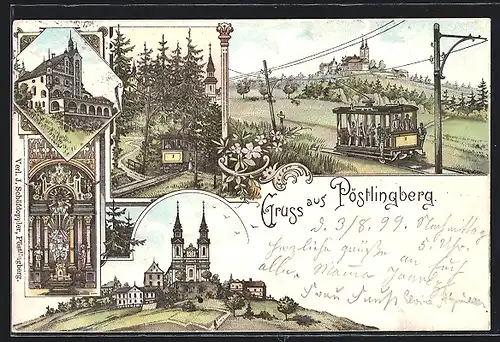 Lithographie Pöstlingberg, Bergbahn mit Kirche