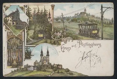 Lithographie Pöstlingberg, Bergbahn, Kirche mit Altar