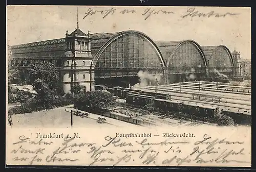 AK Frankfurt, Hauptbahnhof, Rückansicht, Eisenbahnen verlassen den Bahnhof um 1900