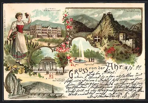 Lithographie Bad Neuenahr, Kurhaus Bad Neunenahr, Ruine Altenahr & Weisses Kreuz, Sprudel, Trinkhalle & Bunte Kuh