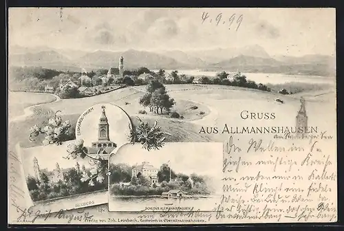 Lithographie Allmannshausen, Seeburg, Bismarck-Turm, Schloss, Ortsansicht
