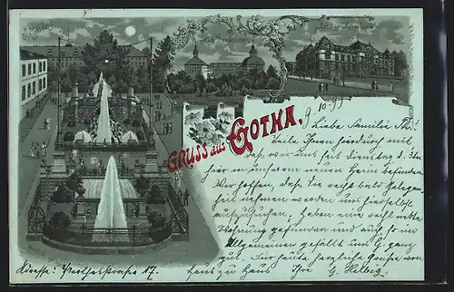 Lithographie Gotha, Anlage mit Fontänen, Landgericht mit Strasse, Schloss Friedenstein