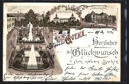 Lithographie Gotha, Landgerichtsgebäude und Schloss Friedenstein mit Schlossberg