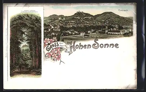 Lithographie Eisenach, Partie an der Hohen Sonne, Durchblick n. d. Wartburg
