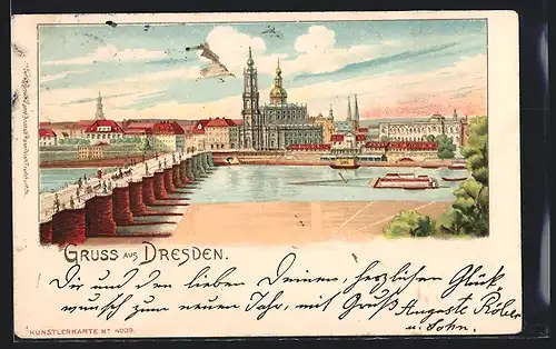 Lithographie Dresden, Ortsansicht mit Brücke und Kirche