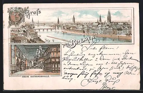 Vorläufer-Lithographie Bremen / Stadt, 1895, Obere Rathhaushalle, Ortsansicht mit Brücke und Kirche