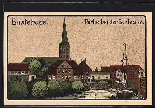 Steindruck-AK Buxtehude, Partie bei der Schleuse