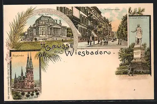 Lithographie Wiesbaden, Ringkirche, Wilhelmstrasse, Denkmal Wilhelm I.