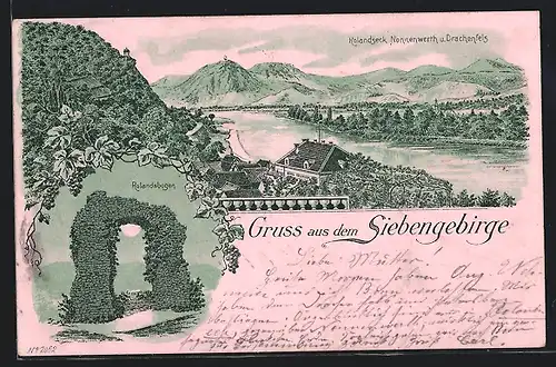 Lithographie Rolandseck, Rolandsbogen, Ortspanorama mit Gebirge