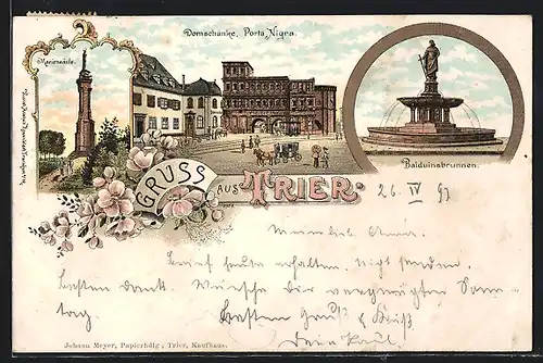 Lithographie Trier, Gasthaus Domschänke mit Porta Nigra, Mariensäule und Balduinsbrunnen