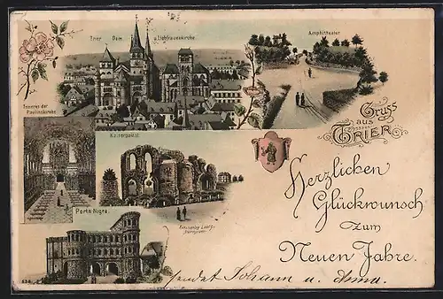 Lithographie Trier, Dom u. Liebfrauenkirche, Kaiserpalast Ruinen, Amphitheater