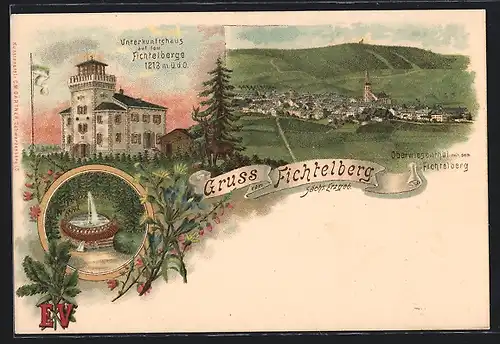 Lithographie Oberwiesenthal, Unterkunftshaus auf dem Fichtelberg und Ortsansicht von Oberwiesenthal