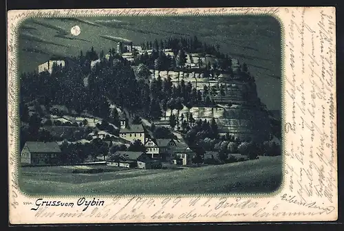 Mondschein-Lithographie Oybin, Ortsansicht mit alten Häusern