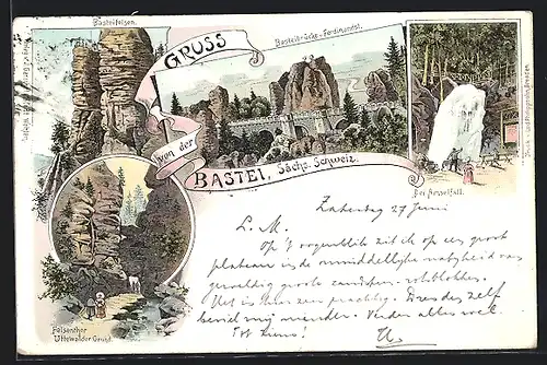 Lithographie Bastei, Basteibrücke vom Ferdinandstein, Felsenthor im Uttewalder Grund