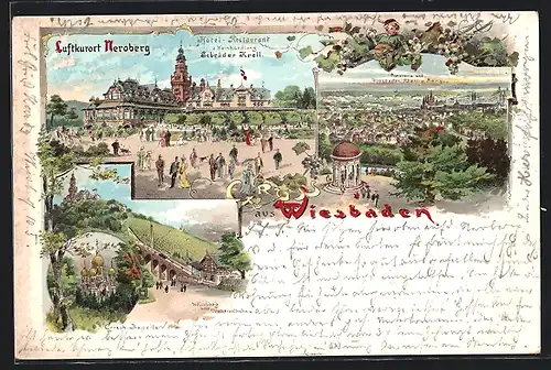 Lithographie Wiesbaden, Luftkurort Neroberg, Hotel-Restaurant u. Weinhandel Gebrüder Krell, Panorama, griech. Kapelle