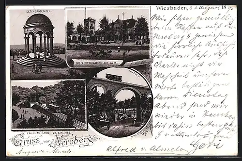 Lithographie Wiesbaden, Restaurant auf dem Neroberg, Zahnrad-Bahn, Nerotempel