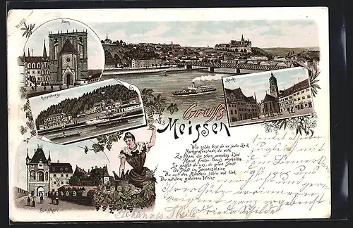 Lithographie Meissen, Ortsansicht, Dom, Geipelburg, Burgtor, Markt