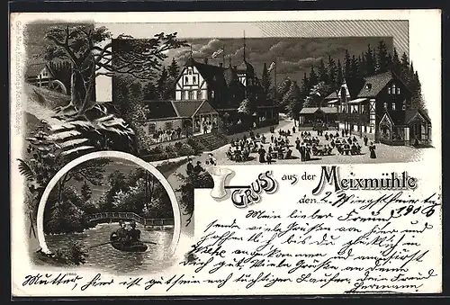 Mondschein-Lithographie Dresden-Pillnitz, Am Gasthof, Ruderboot auf dem Wasser