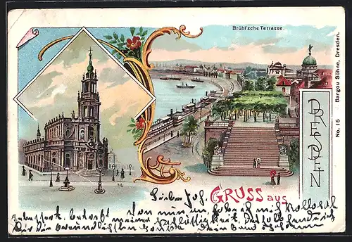 Lithographie Dresden, Blick auf die Brühl'sche Terrasse