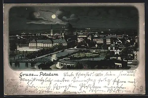 Mondschein-Lithographie Potsdam, Ortsansicht mit Parkanlage und Rundbau