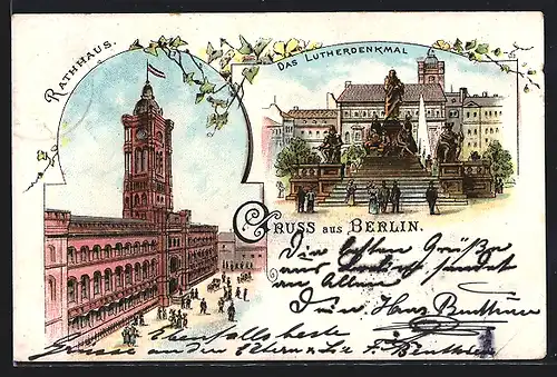 Lithographie Berlin, Lutherdenkmal, Rotes Rathaus, Neuer Markt