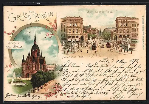 Lithographie Berlin, Kirche zum hl. Kreuz, Belle-Alliance-Platz am Halleschen Thor