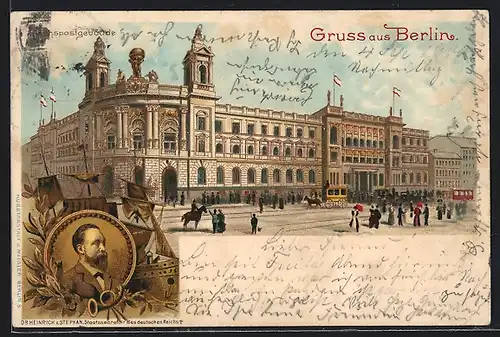 Lithographie Berlin, Passanten und Kutsche vor dem Reichspostgebäude