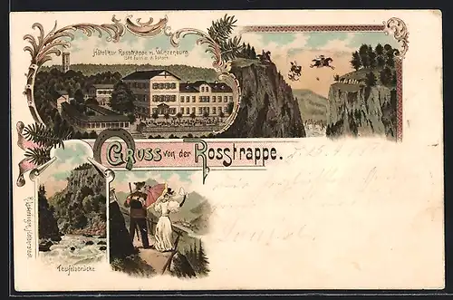 Lithographie Thale, Rosstrappfelsen, Hotel zur Rosstrappe, Teufelsbrücke, Jugendstilrahmen