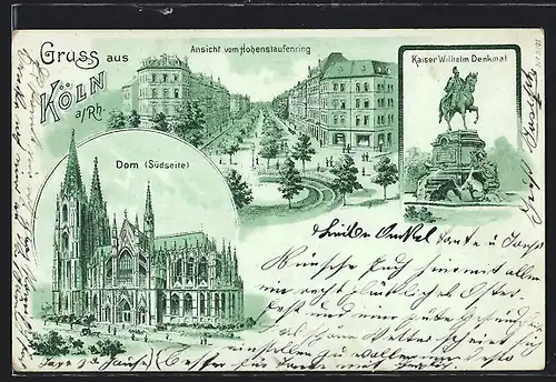 Lithographie Köln a. Rh., Dom (Südseite), Hohenstaufenring, Kaiser Wilhelm Denkmal