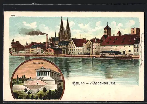 Lithographie Regensburg, Stadtansicht und Walhalla