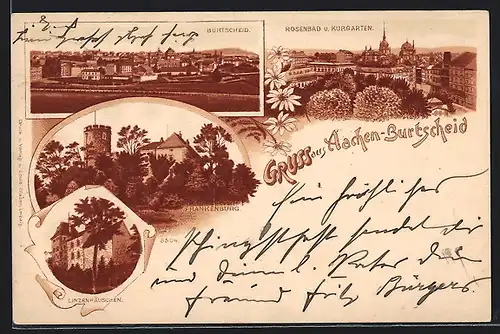 Lithographie Aachen-Burtscheid, Frankenburg, Rosenbad u. Kurgarten, Linzenhäuschen