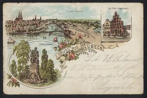 Lithographie Lübeck, Geibel-Denkmal, Schiffer-Gesellschaft, Totalansicht