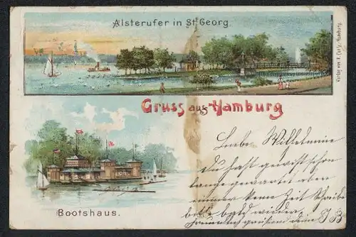 Lithographie Hamburg, Bootshaus, Alsterufer in St. Georg