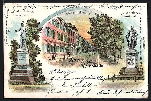 Lithographie Wiesbaden, Wilhelmstrasse und Kaiser Denkmäler