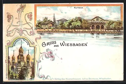 Lithographie Wiesbaden, Kurhaus, Griechische Kapelle