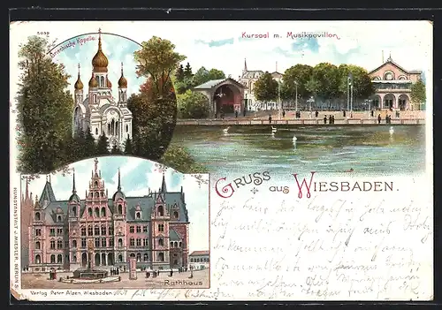 Lithographie Wiesbaden, Griechische Kapelle, Kursaal mit Musikpavillon, Rathaus