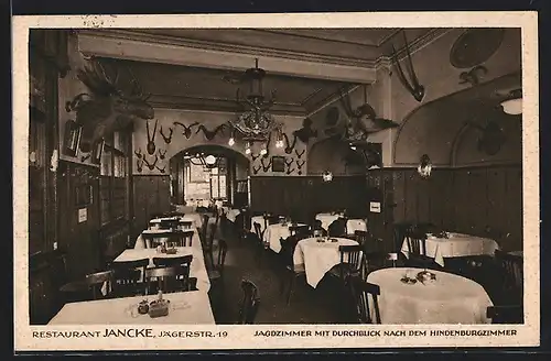 AK Berlin, Restaurant Jancke, Jägerstrasse 19, Jagdzimmer mit Durchblick nach dem Hindenburgzimmer